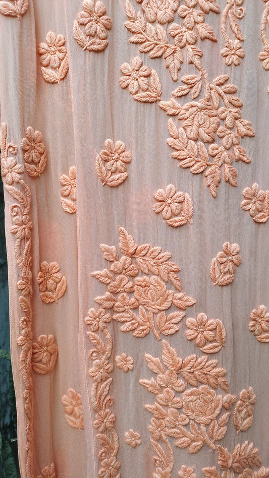 Pink Saba Gulab pastel georgette kurta by LVW Fashions featuring handmade Lucknow chikankari embroidery.