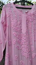 Pink Saba Gulab pastel georgette kurta with intricate handmade Lucknow Chikankari embroidery by LVW Fashions.