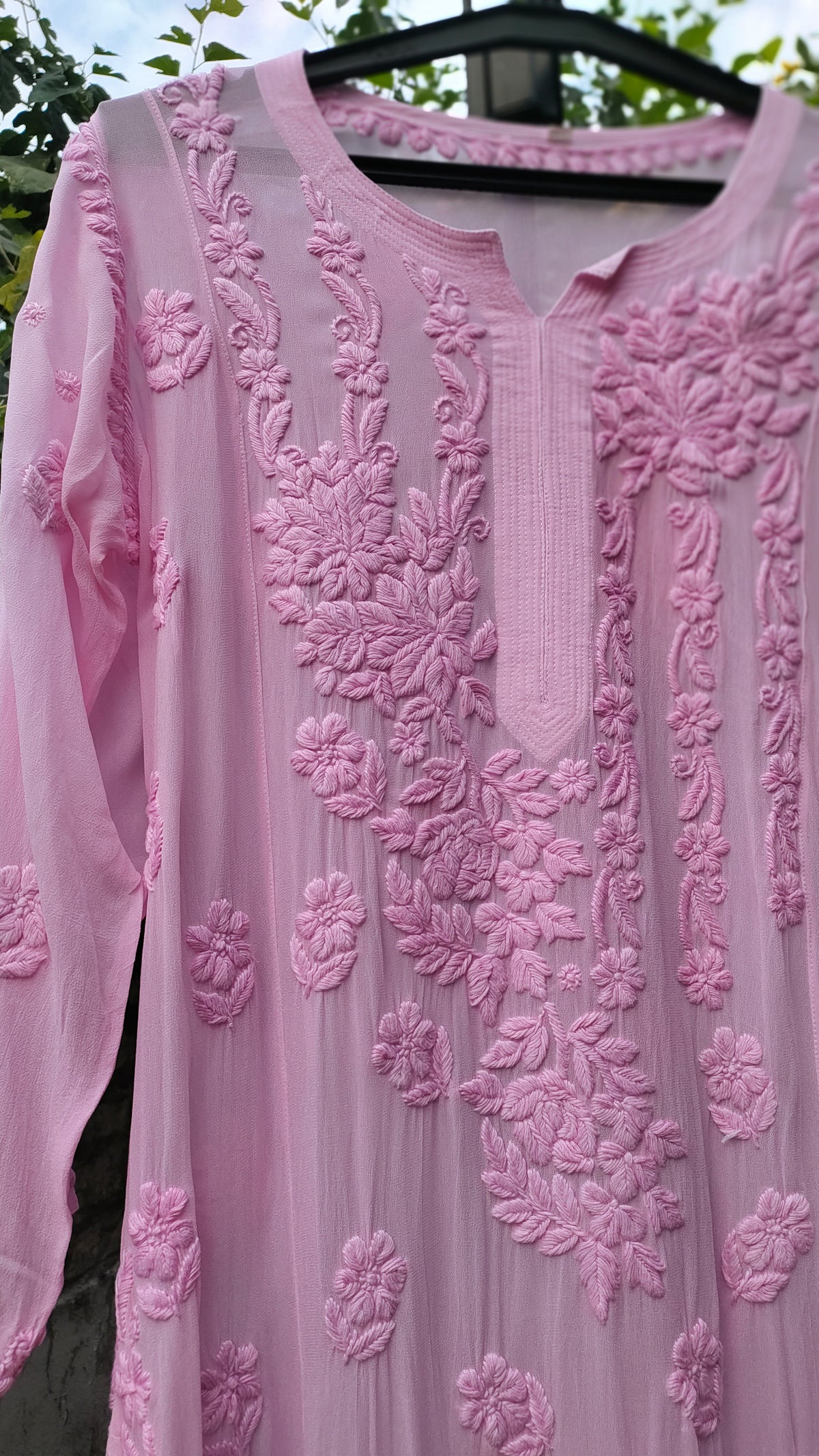 Pink Saba Gulab pastel georgette kurta with intricate handmade Lucknow Chikankari embroidery by LVW Fashions.