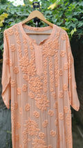 Pink Saba Gulab pastel georgette kurta with handmade Lucknow chikankari embroidery from LVW Fashions.