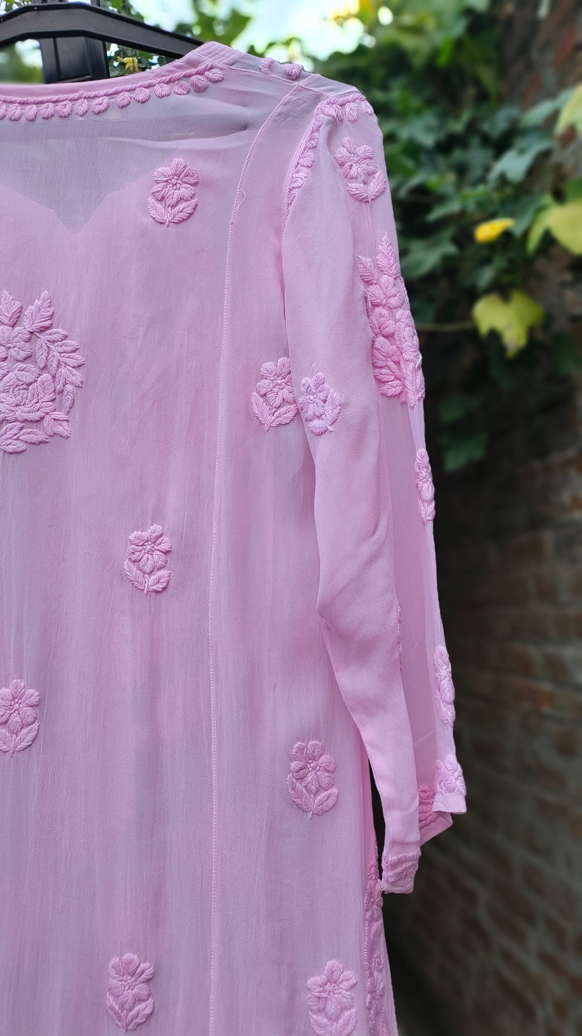 Pink Saba Gulab pastel georgette kurta with handmade Lucknow chikankari embroidery by LVW Fashions.