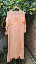Pink Saba Gulab pastel georgette kurta with handcrafted Lucknow chikankari embroidery by LVW Fashions.