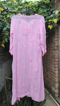 Pink Saba Gulab pastel georgette kurta with intricate handmade Lucknow Chikankari embroidery by LVW Fashions.