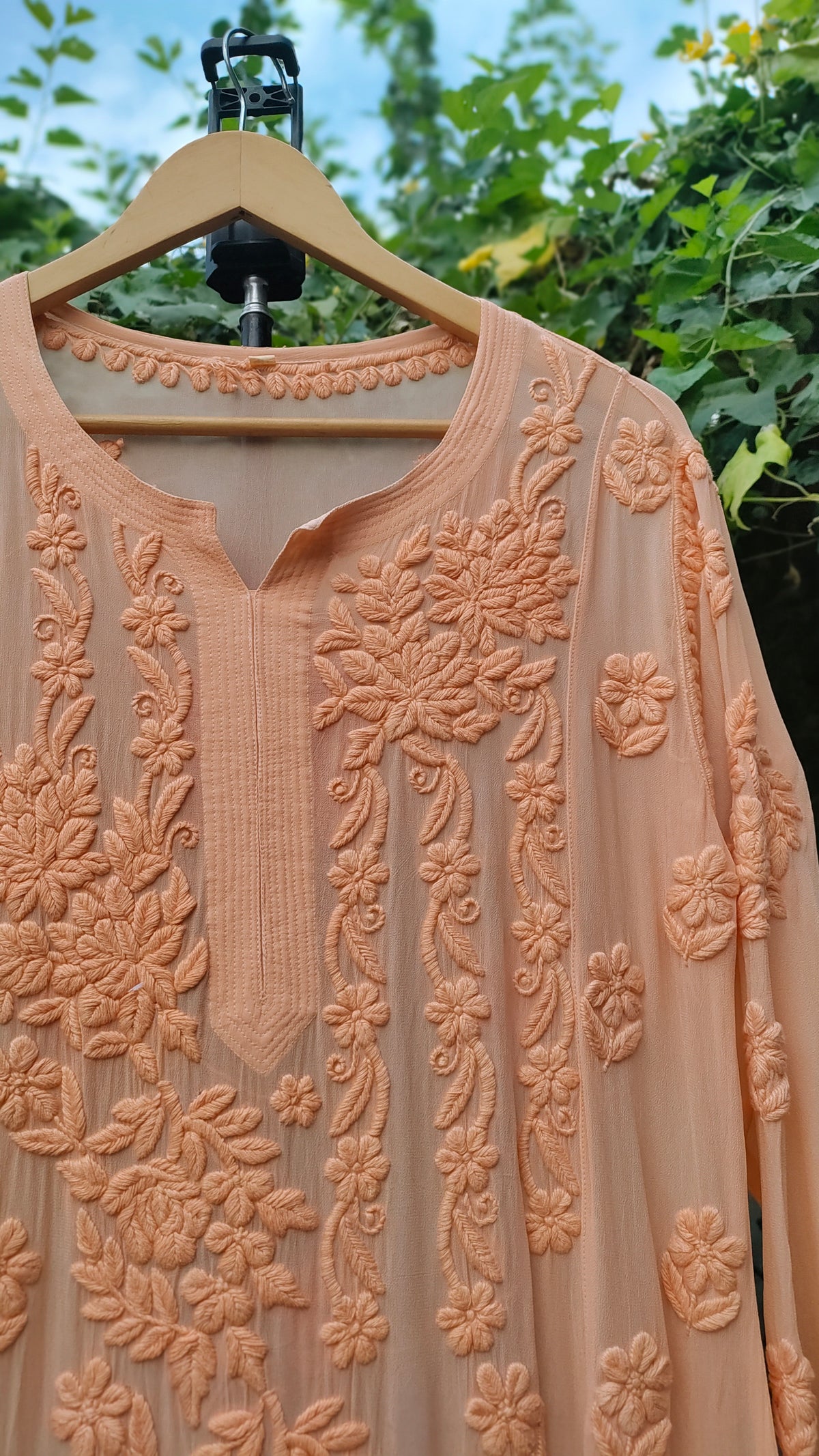 Pink Saba Gulab pastel georgette Kurta by LVW Fashions with handmade Lucknow Chikankari embroidery.