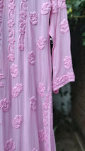 Pink Saba Gulab pastel georgette Kurta with intricate Lucknow Chikankari embroidery by LVW Fashions, handmade chikankari kurta.