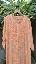 Pink Saba Gulab pastel georgette kurta with handmade Lucknow Chikankari embroidery, designed by LVW Fashions.