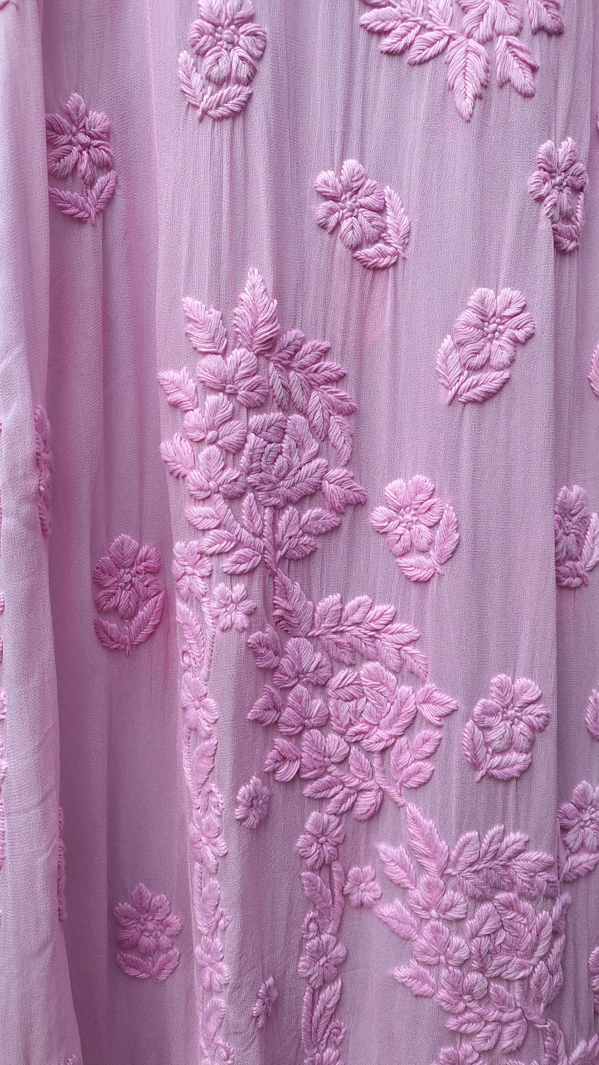Pink Saba Gulab pastel georgette Kurta with handmade Lucknow Chikankari embroidery by LVW Fashions, designed for elegant traditional wear.