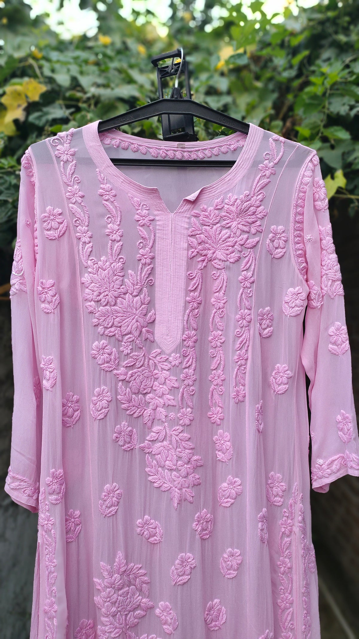 Pink Saba Gulab pastel georgette kurta with hand-embroidered Lucknow chikankari from LVW Fashions, size XXS.