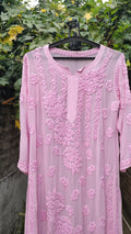 Pink Saba Gulab pastel georgette kurta with intricate handmade Lucknow Chikankari embroidery, by LVW Fashions.