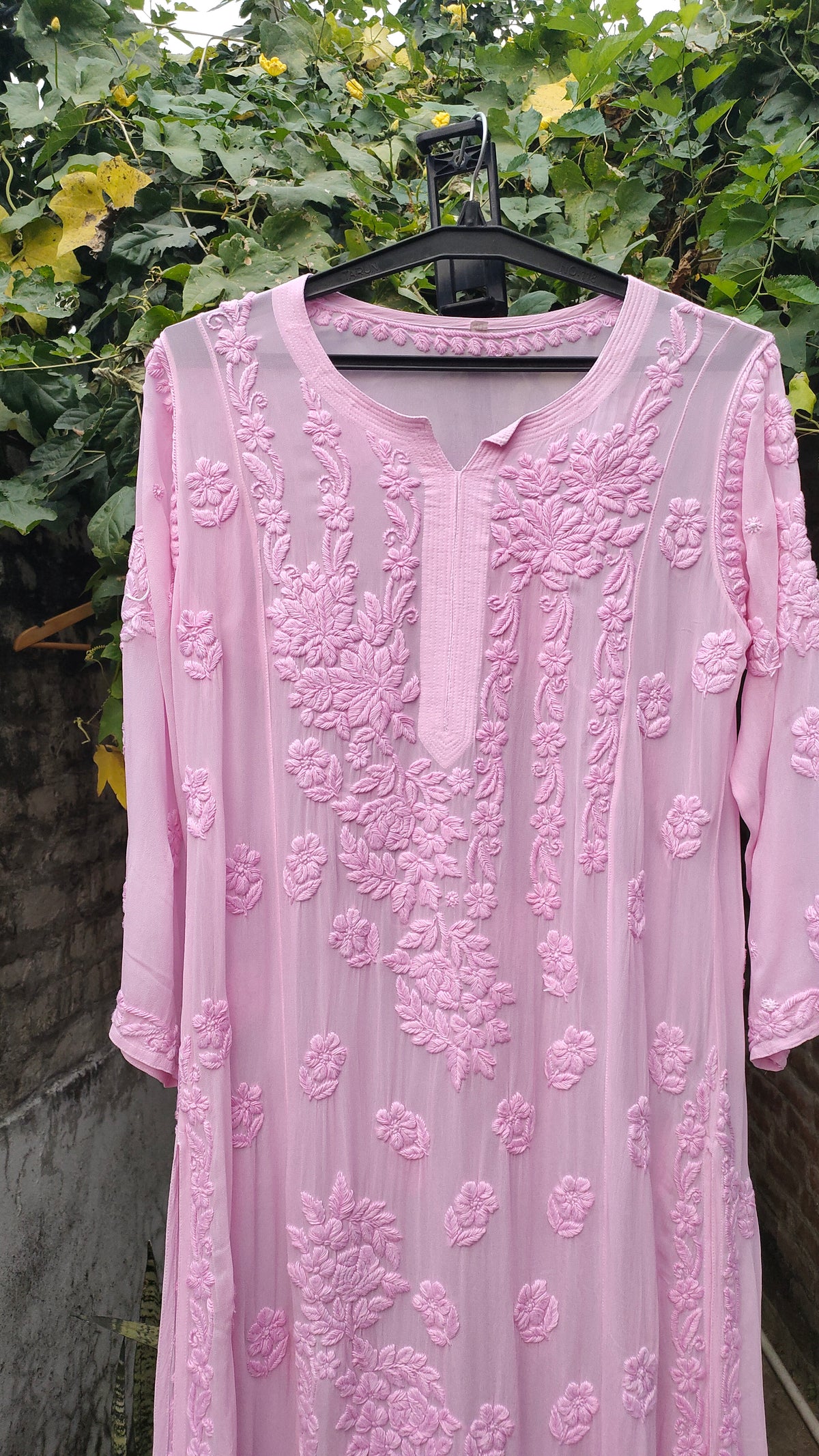 Pink Saba Gulab pastel georgette kurta with intricate handmade Lucknow Chikankari embroidery, by LVW Fashions.