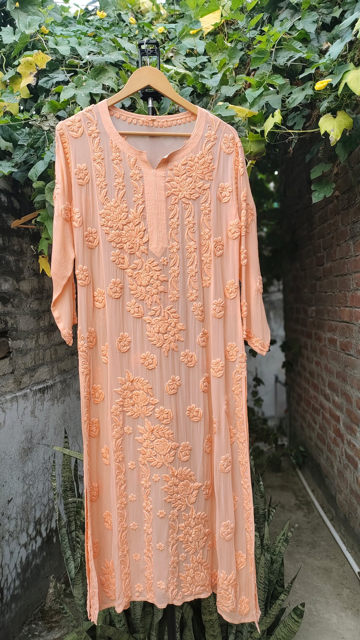 Pink Saba Gulab pastel georgette kurta by LVW Fashions with intricate handmade Lucknow chikankari embroidery.