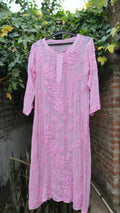 Pink Saba Gulab pastel georgette kurta with intricate handmade Lucknow Chikankari embroidery by LVW Fashions.
