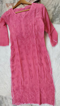 Pink handmade Chikankari kurta by LVW Fashions featuring intricate Lucknow-style embroidery on premium silk fabric.
