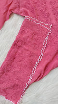 Handmade pink Chikankari kurta by LVW Fashions in premium silk with intricate Lucknow embroidery, long and luxurious.