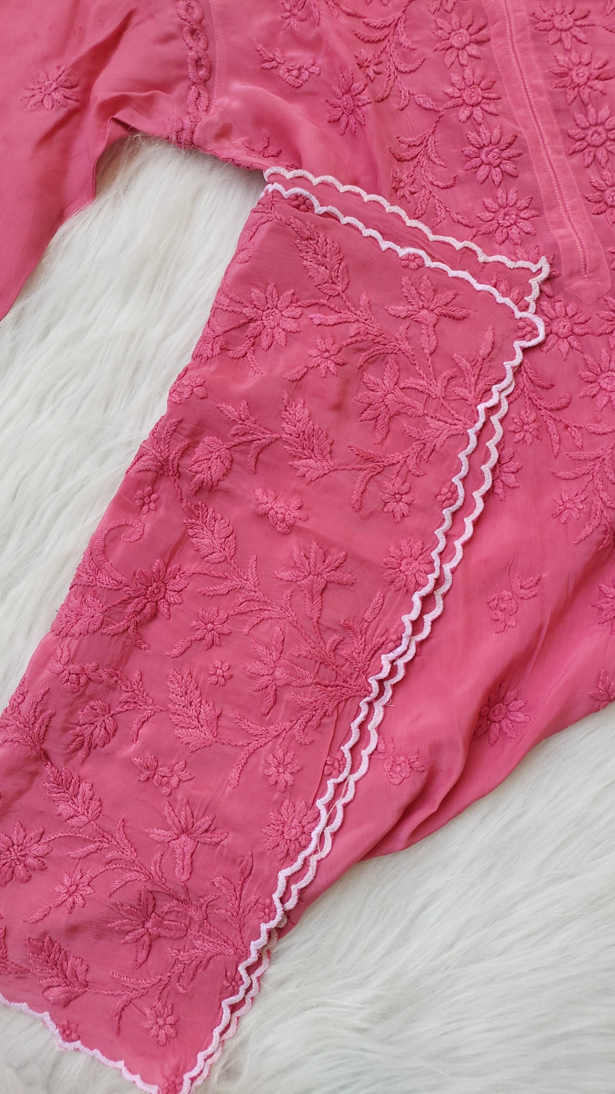 Handmade pink Chikankari kurta by LVW Fashions in premium silk with intricate Lucknow embroidery, long and luxurious.