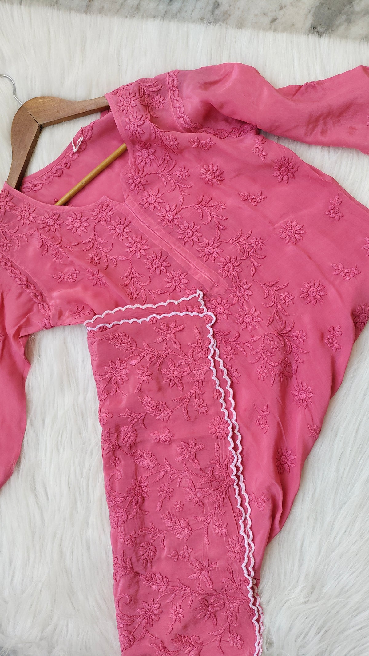 Pink handmade Lucknow Chikankari Kurta by LVW Fashions, crafted in premium silk with intricate cutwork and luxurious long design.