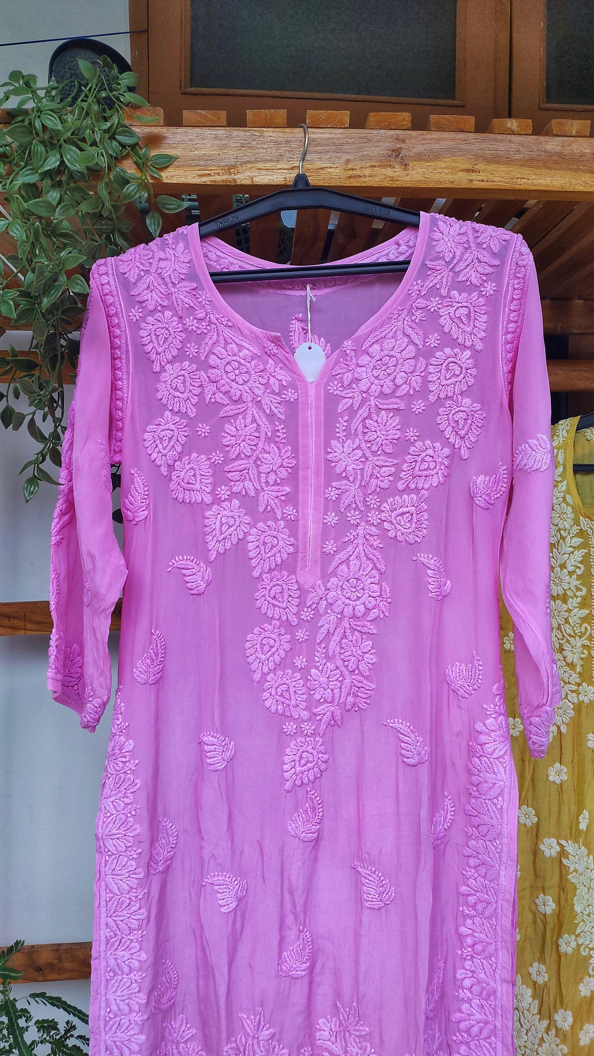 Pinkish lavender premium silk Chikankari kurta by LVW Fashions featuring intricate handmade Lucknow embroidery.
