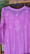 Pinkish lavender premium silk Chikankari kurta by LVW Fashions, handmade Lucknow Chikankari embroidered kurta for women.