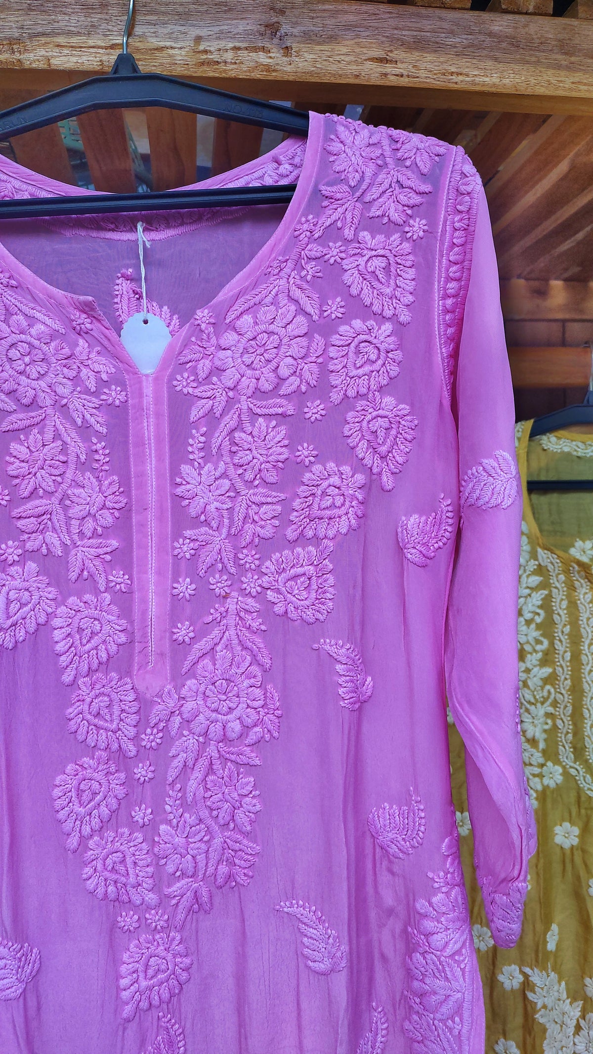 Pinkish lavender silk Chikankari kurta by LVW Fashions featuring intricate handmade Lucknow embroidery.