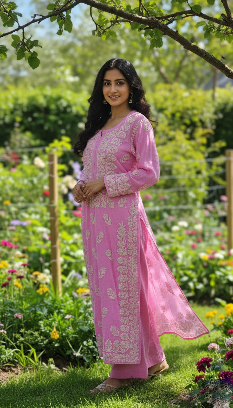 Pinkish premium georgette long kurta with intricate handmade Lucknow chikankari embroidery by LVW Fashions.