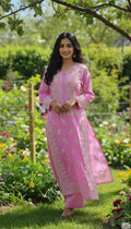 Pinkish premium georgette long kurta with intricate handmade Lucknow chikankari embroidery from LVW Fashions.
