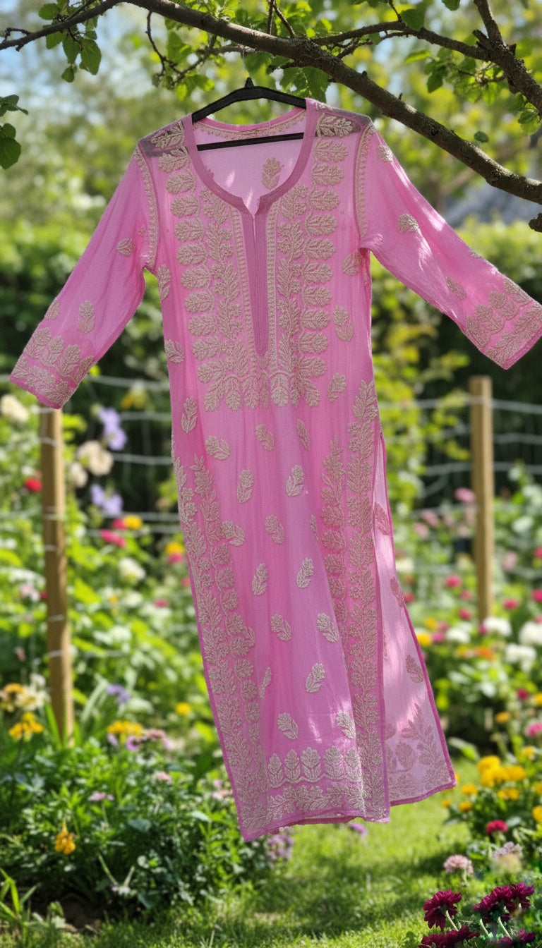 Pinkish premium georgette long kurta with intricate handmade Lucknow chikankari embroidery by LVW Fashions.