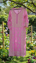 Pinkish premium georgette long kurta with intricate handmade Lucknow chikankari embroidery by LVW Fashions.