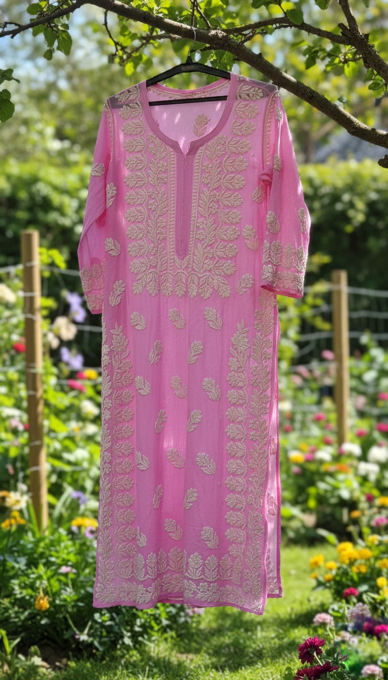 Pinkish premium georgette long kurta with intricate handmade Lucknow chikankari embroidery by LVW Fashions.