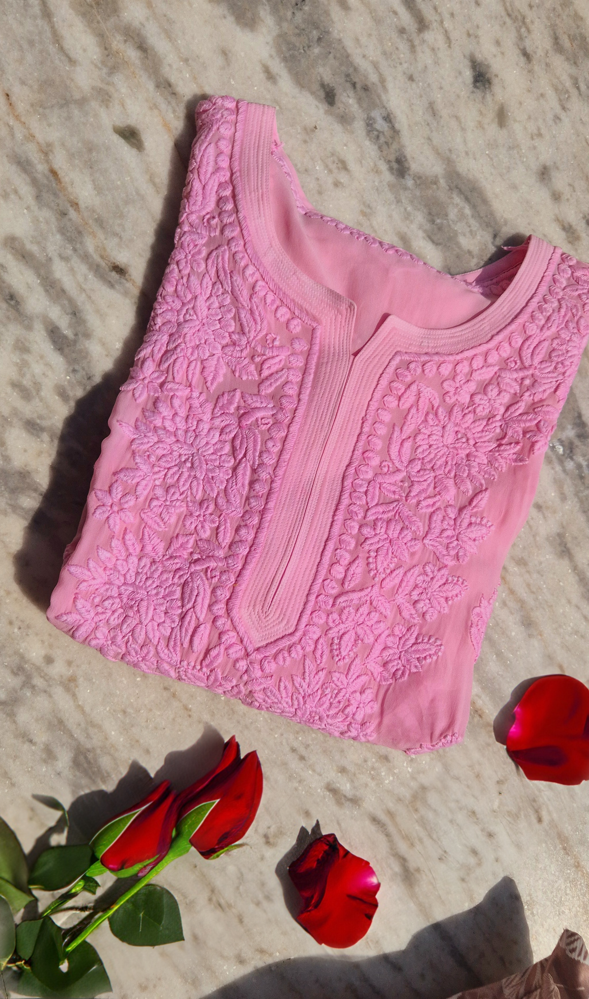 Pinkish premium georgette long kurti with intricate luxury chikankari embroidery, handmade by LVW Fashions from Lucknow.