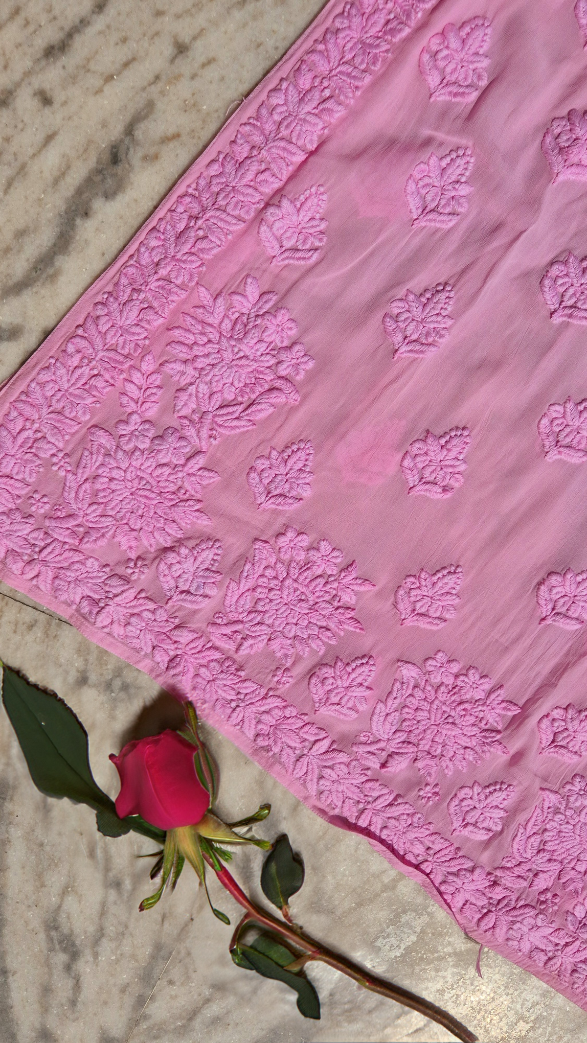 Pinkish premium georgette long kurti with intricate handmade Lucknow chikankari embroidery, luxurious and elegant for special occasions