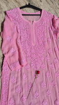 Pinkish premium georgette long kurti with intricate handmade Lucknow chikankari embroidery, luxurious and elegant for special occasions.