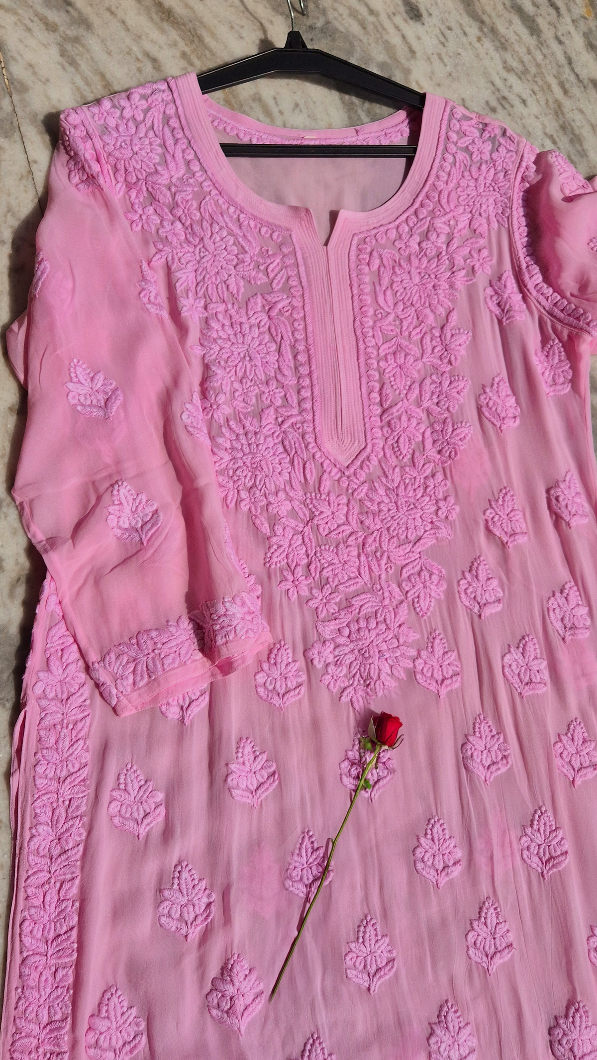 Pinkish premium georgette long kurti with intricate handmade Lucknow chikankari embroidery, luxurious and elegant for special occasions.