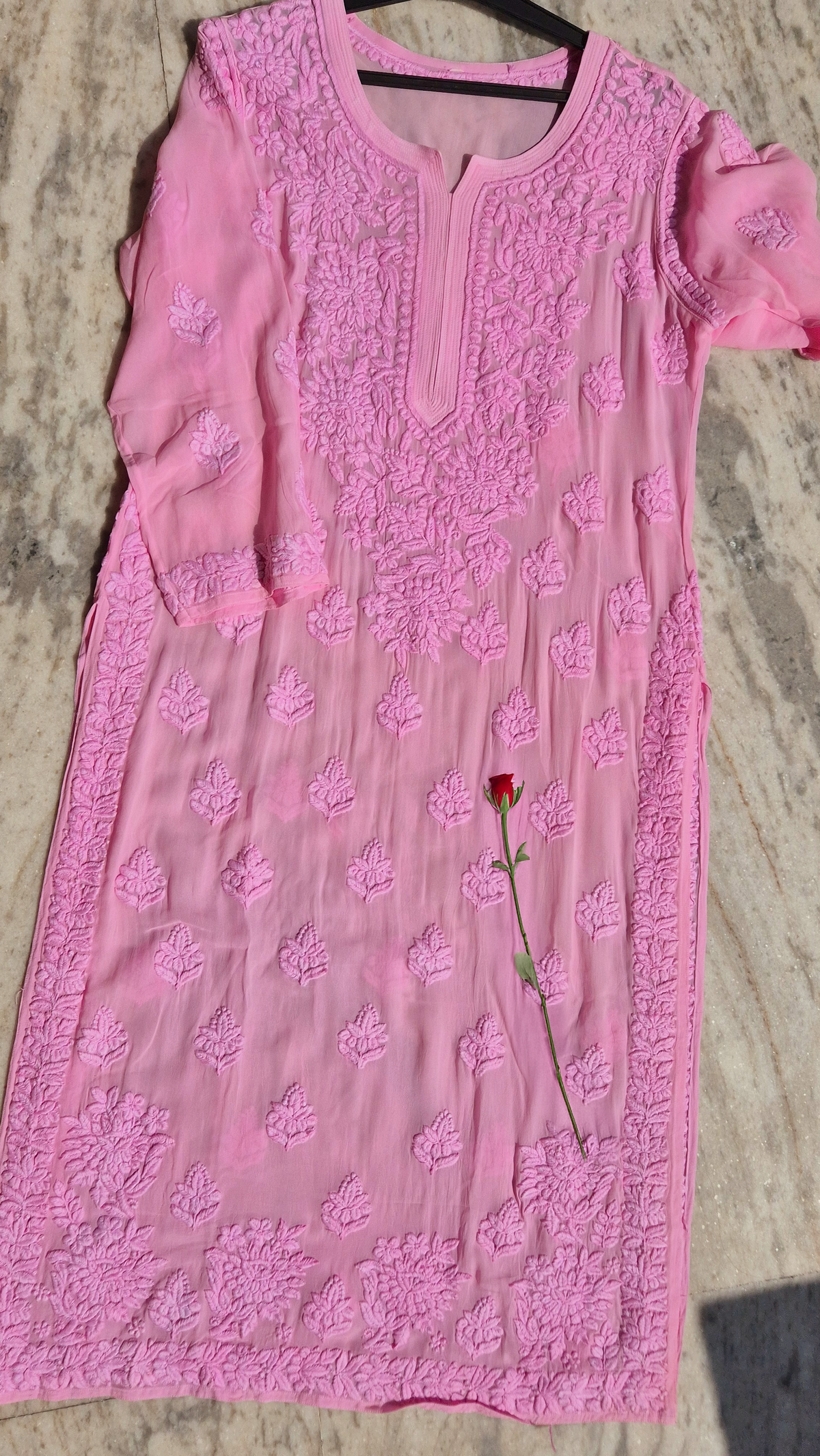 Pinkish premium georgette long Kurti with intricate handmade Lucknow Chikankari embroidery, luxurious and elegant.
