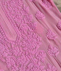 Pinkish premium georgette long kurti with intricate handmade Lucknow chikankari embroidery by LVW Fashions.