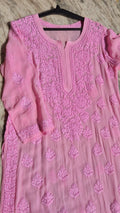 Pinkish premium georgette long kurti with intricate handmade Lucknow chikankari embroidery by LVW Fashions.