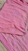Pinkish premium georgette long kurti with intricate handmade Lucknow chikankari embroidery by LVW Fashions.