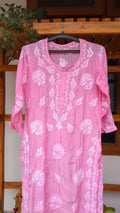 Pinkish premium silk long kurti with intricate handmade Lucknow chikankari embroidery by LVW Fashions.