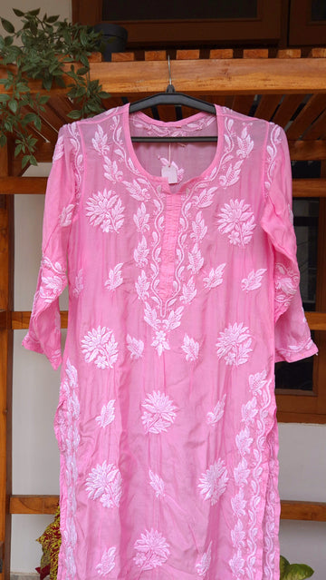 Pinkish premium silk long kurti with intricate handmade Lucknow chikankari embroidery by LVW Fashions.