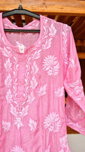 Pinkish premium silk long kurti with intricate handmade Lucknow chikankari embroidery from LVW Fashions.
