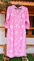 Pinkish premium silk long Kurti with intricate hand-embroidered Lucknow Chikankari from LVW Fashions.