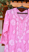Pinkish premium silk long kurti with intricate handmade Lucknow chikankari embroidery by LVW Fashions.