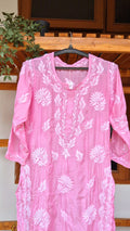 Pinkish premium silk long Kurti with intricate handmade Lucknow Chikankari embroidery by LVW Fashions.
