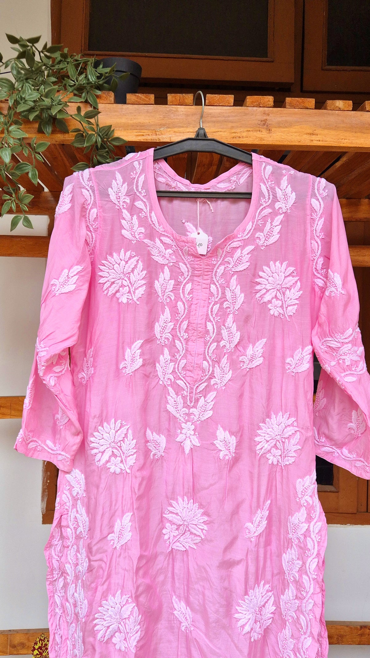 Pinkish premium silk long Kurti with intricate handmade Lucknow Chikankari embroidery by LVW Fashions.