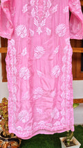 Pinkish premium silk long Kurti with intricate Lucknow Chikankari embroidery by LVW Fashions, handmade traditional Indian dress.
