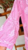 Pinkish premium silk long kurti with intricate handmade Lucknow chikankari embroidery by LVW Fashions.