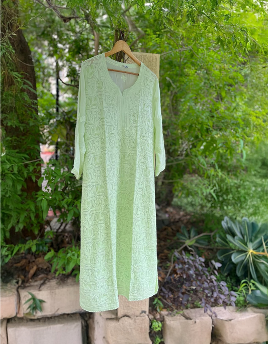 Lavender Pista Noori full Jaal pearl cutdana Chikankari embroidery long handcrafted kurta by LVW Fashions, showcasing intricate Lucknow embroidery.