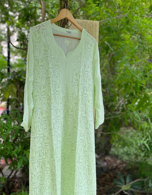 Lavender Pista Noori full Jaal pearl cutdana chikankari embroidery long handcrafted kurta by LVW Fashions, showcasing intricate Lucknow craftsmanship.