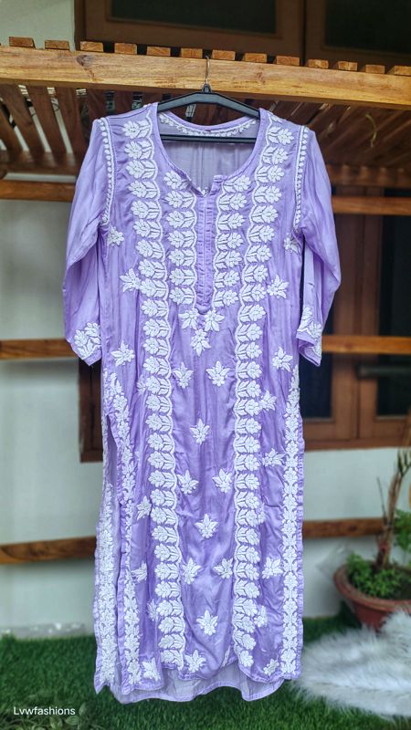 Plum purple premium silk chikankari kurta by LVW Fashions with intricate handcrafted Lucknow embroidery and luxurious look.