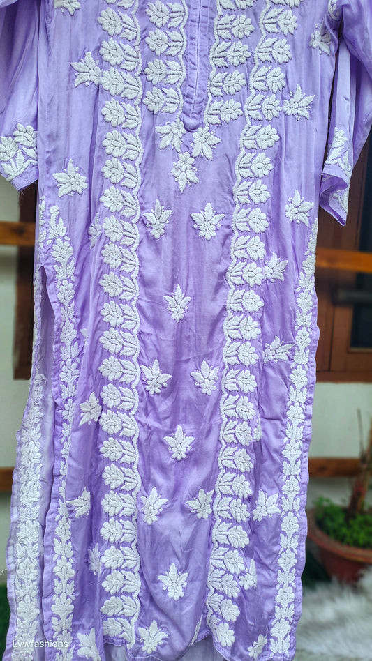 Plum purple luxury silk Chikankari kurta by LVW Fashions featuring intricate handmade embroidery and a luxurious look.