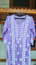 Plum purple silk Chikankari kurta by LVW Fashions, luxurious handmade Lucknow embroidery, elegant and traditional style.